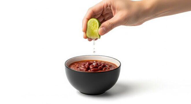 A hand squeezes fresh lime juice over a dark bowl filled with savory chili and beans, adding a bright, flavorful finishing touch.