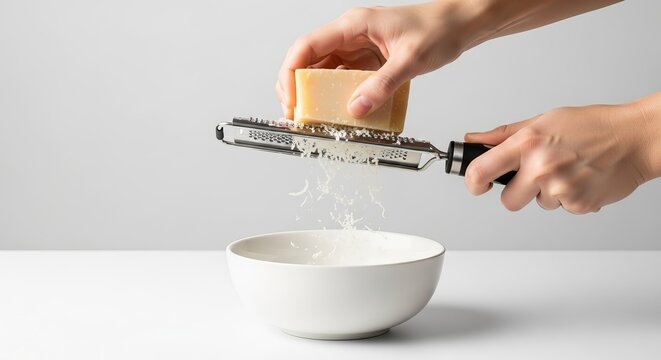 A hand grates a block of parmesan cheese over a white bowl, preparing a culinary ingredient.