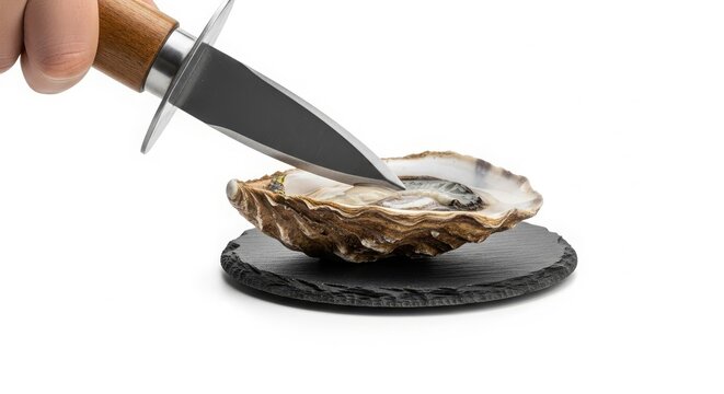 A sharp knife expertly shucking a fresh, raw oyster on a dark slate plate, highlighting culinary preparation and fresh seafood.
