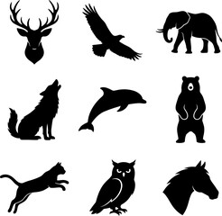 Fototapeta premium Various animal silhouettes are shown flying, standing, and jumping outdoors.