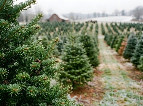 Christmas tree farm rows on cloudy winter day