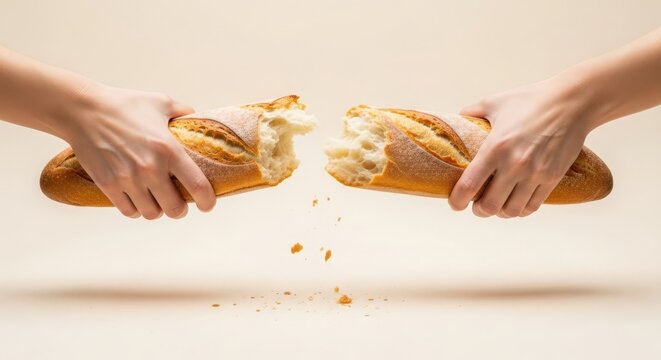 Crispy Sourdough Baguette Breaking Apart Held by Hands