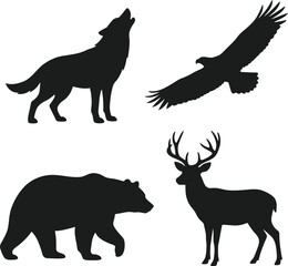 Obraz premium Wildlife silhouettes of wolf, eagle, bear, and deer in natural setting outdoors