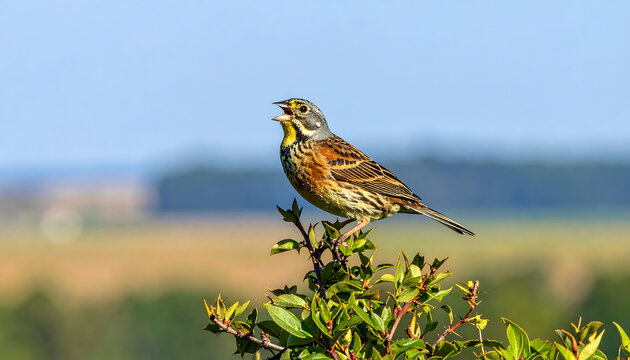 Close up of a singing Cirl Bunting bird perched on a green bush branch with a blurred natural background