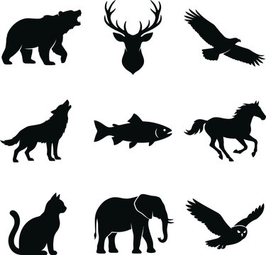 Various animal silhouettes including bear, deer head, eagle, wolf, fish, horse, cat, elephant, and bird in natural setting.