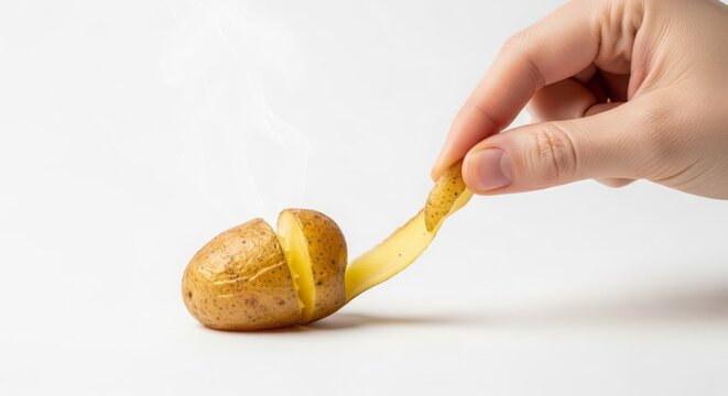 Hand pealing the skin from a raw potato, preparing for cooking in a kitchen