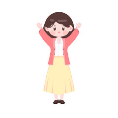 Fototapeta premium Cute girl character raising hands cheerfully, happy full body illustration