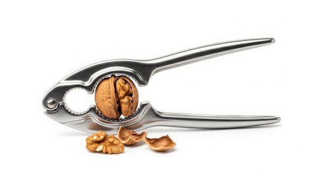 Silver nutcracker cracking a walnut with shells and kernels on white background