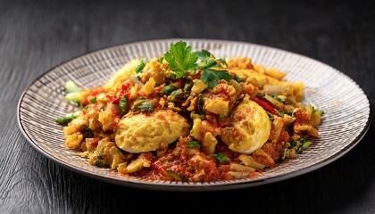 Fototapeta premium Indonesian Style Spicy Telur Balado With Chili Sambal On A Plate