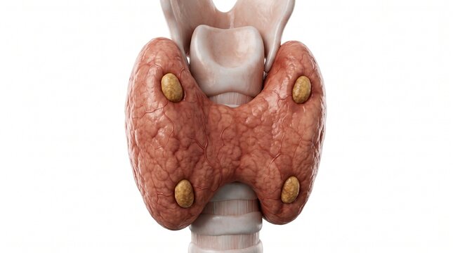 3D illustration of human thyroid gland with parathyroid glands attached on white background.