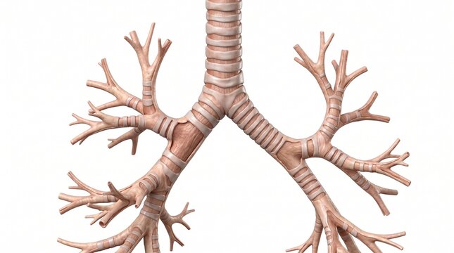 3D render of human bronchial tree structure showing trachea and branching bronchioles for medical education.