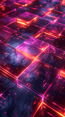 Fototapeta premium Abstract neon box pattern showing abstract pattern of glowing neon boxes in futuristic cyber environment, pink and blue neon tones create vibrant cyberpunk color palette.