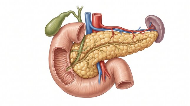 Anatomical illustration of the human pancreas with gallbladder and duodenum on white background.