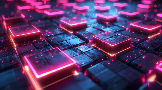 Abstract neon box pattern showing abstract pattern of glowing neon boxes in futuristic cyber environment, multiple neon boxes at varied depths create layered 3D perspective effect.