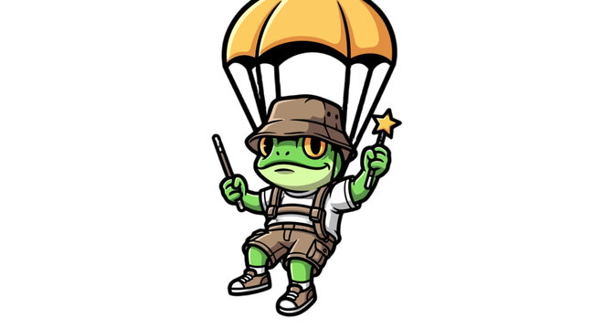 Whimsical cartoon frog parachuting with cheerful expression.