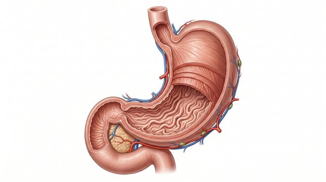 Anatomical illustration of the human stomach showing internal structure and digestive system components.