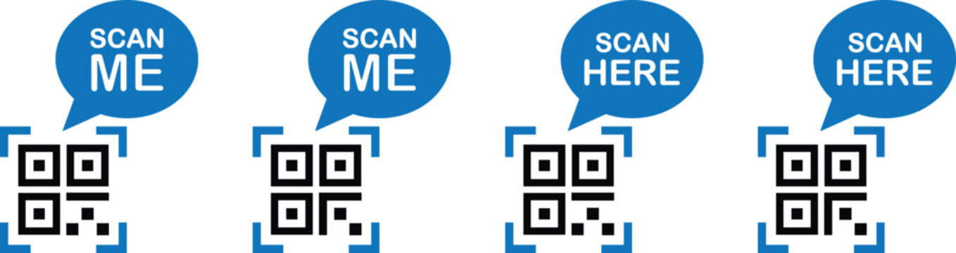 Four blue scan me icons with qr codes and speech bubbles on a white background