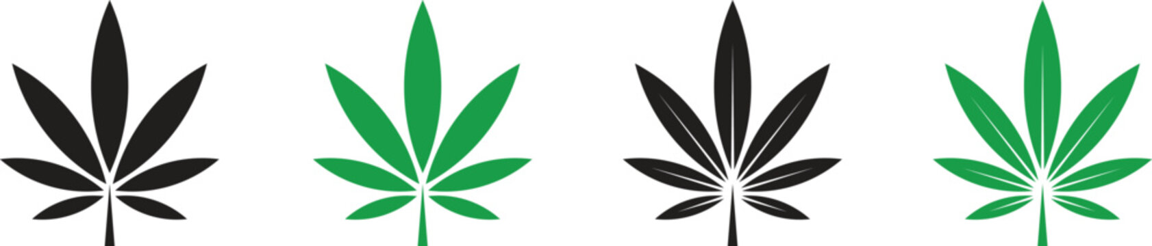 Cannabis leaf silhouettes and green variations on a white background botanical illustration