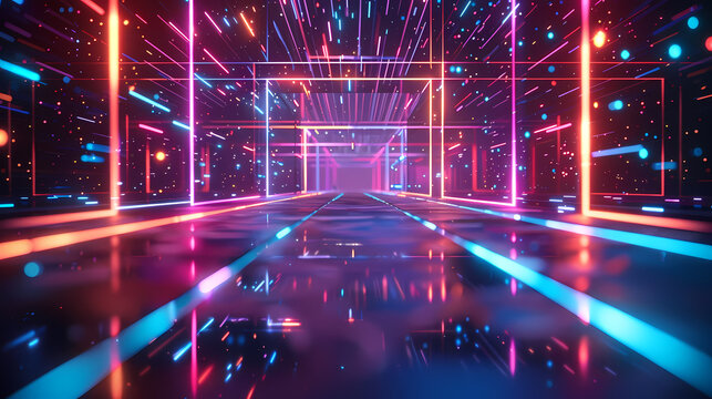 Geometric neon frames with depth creating powerful depth illusion with multiple glowing geometric neon frames, layered depth of neon frames creates compelling 3D perspective illusion.
