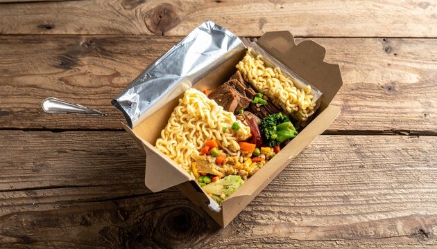 Military MRE Meal Ready to Eat packet torn open with contents partially visible on a wooden surface