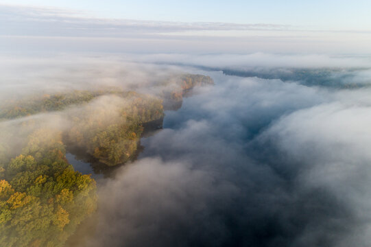 63895-17207 Lake in fog in fall at Stephen A. Forbes State Park Marion Co. IL