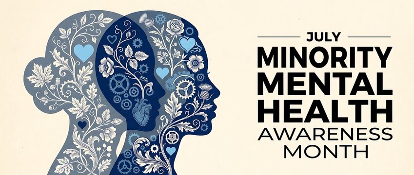 July minority mental health awareness month with silhouette of two heads filled with intricate floral and gear designs representing inner thoughts.