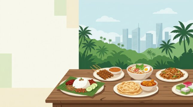 Traditional Southeast Asian Food Spread on Wooden Table with Tropical City Skyline Background Website Banner and Copy Space