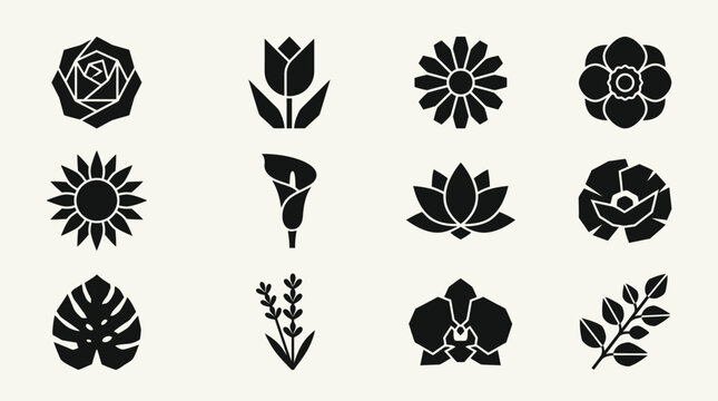 Set of black vector silhouettes of leaves, trees and plants