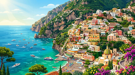 Colorful coastal town on a cliffside with boats and beach © Nadeesha