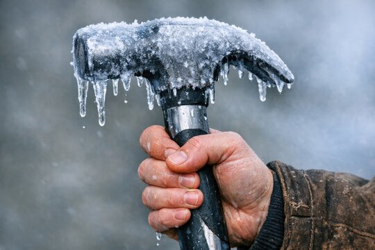 A person grasping a large ice pick, ready for use