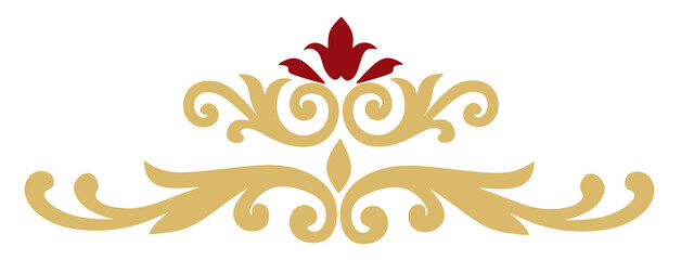Fototapeta premium Elegant gold swirls frame a crimson leaf above. Symmetrical design flows with grace and charm. Perfect for luxury or vintage-themed projects.