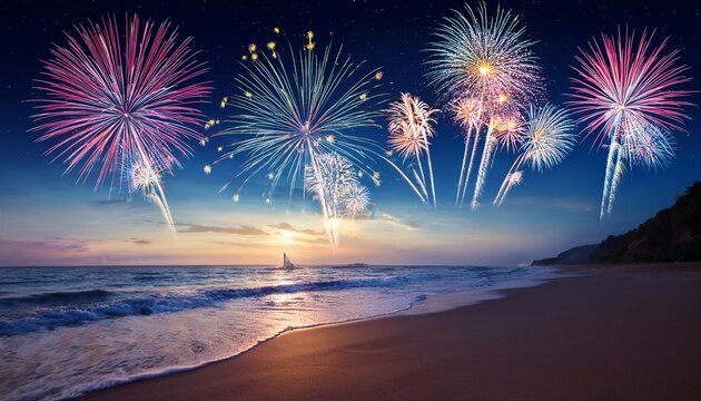fireworks on the sea night beach