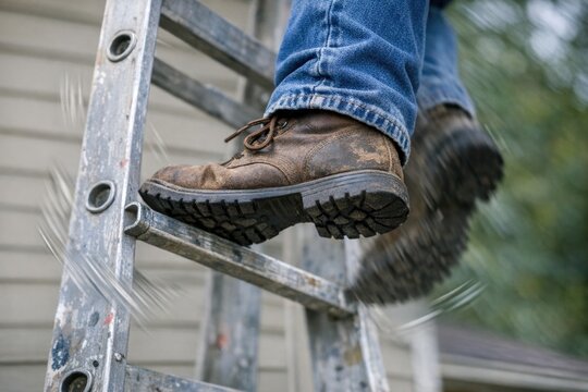 A person standing at the top of a ladder, with an uncertain or precarious situation