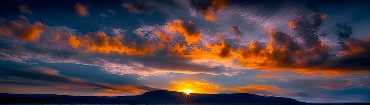 Fantastic Twilight Sunset Mountain Ridge Orange Burning Cloudscape Background