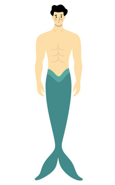 Cartoon merman stands tall, calm, and serene
