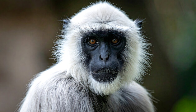 Close up portrait of a gray langur monkey with striking brown eyes and black face in natural habitat