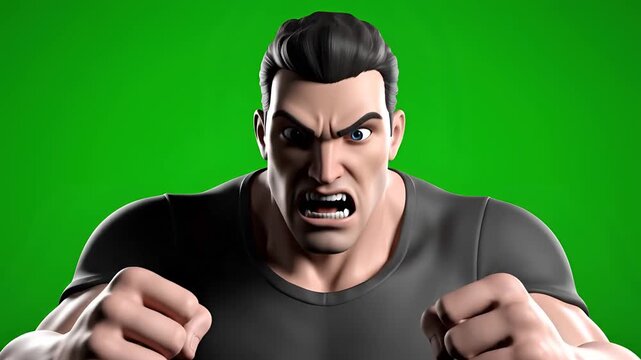 Angry Muscular Man with Fists Clenched on Green Screen Background.