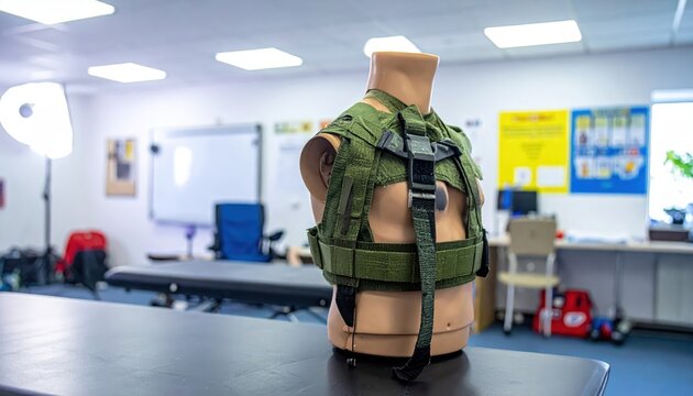 Military tourniquet applied to a mannequin arm for medical training demonstration