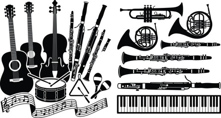 Collection of musical instruments silhouettes featuring guitars, string instruments, woodwinds, brass, percussion, and piano on white background © Abida