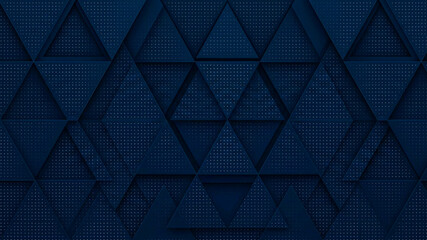 Fototapeta premium Overlapping dark blue triangular panels with a fine white dotted pattern create a detailed geometric texture.