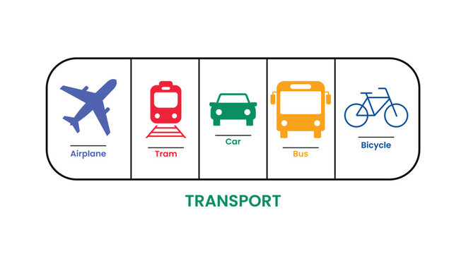 Set of colorful transportation icons including airplane train car bus and bike