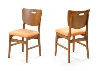 Obraz premium Front and back perspective views of a modern wooden dining chair with a peach fabric upholstered cushion and cutout backrest handle, isolated on a white background.