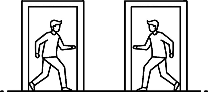 Silhouette of person walking through open doorways sequentially.