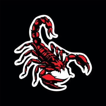 Red and black scorpion vector illustration sticker isolated on a black background. Edgy red scorpion graphic design with a white border sticker effect. 