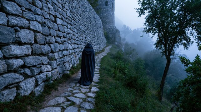 A lone hooded figure walking away along a narrow stone path beside a towering ancient medieval castle wall shrouded in thick atmospheric fog.