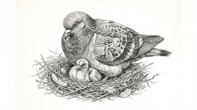 Detailed Pencil Drawing of Mother Pigeon Protecting Her Chick in a Nest