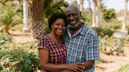 Fototapeta premium Heartwarming portrait of a happy smiling senior couple standing close together affectionately in a bright park filled with natural daylight.