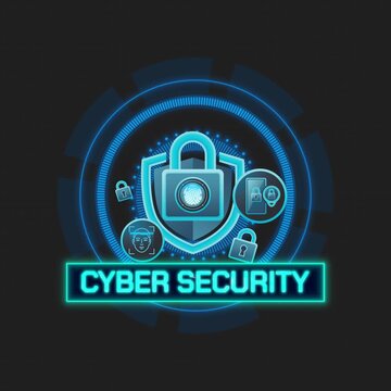 Animated cyber security text banner with glowing shield, padlock, and multi-factor biometric HUD icons on transparent background
