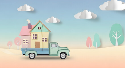 Obraz premium Paper cut-out pickup truck with an oversized house, a pastel paper craft concept for real estate blogs, new home moving websites, property investment, and relocation planning