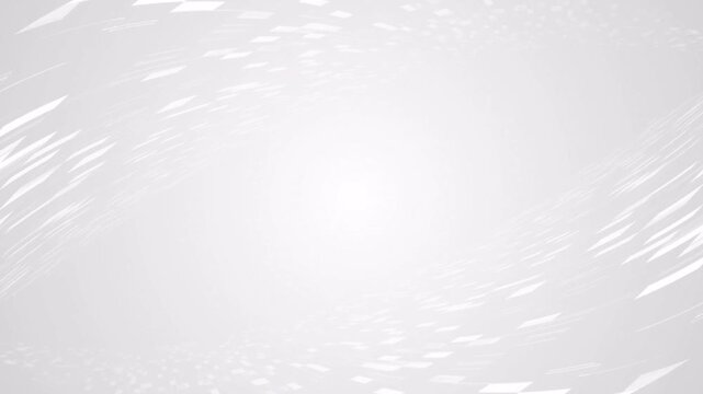 An abstract animation in pure white and light gray tones. It features a smooth, circular motion of small digital square geometric elements that create a futuristic tunnel or vortex effect.